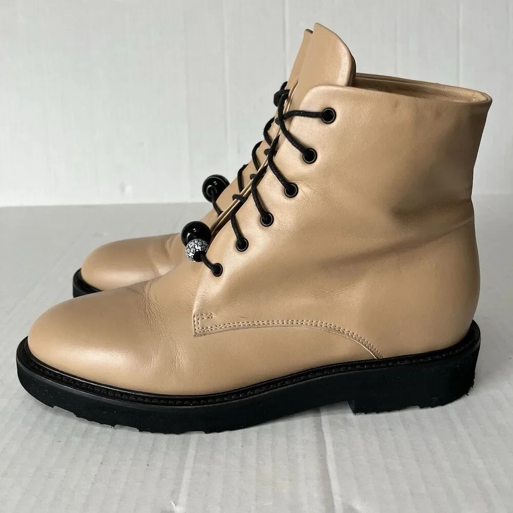 DEAR FRANCES Park Boot Womens 9.5 Camel Tan Leather Lace Up Ankle Combat Beaded